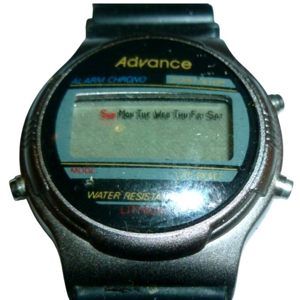 Vintage Advance Alarm Chrono Digital Watch Water Resistant Black Rubber Strap
